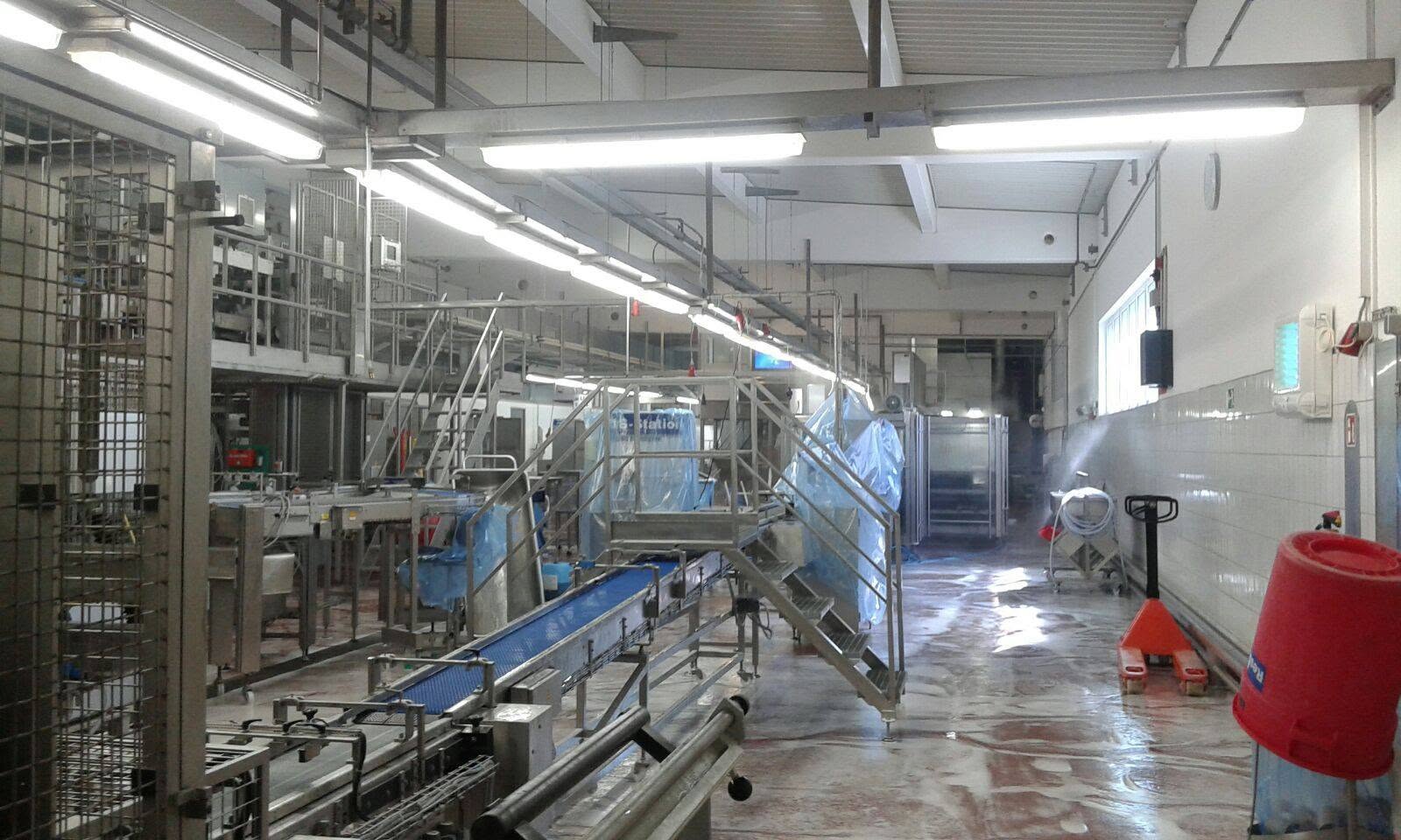 Produktionshalle mit Förderbändern und abgedeckten Anlagen, Boden nass mit Reinigungsschaum