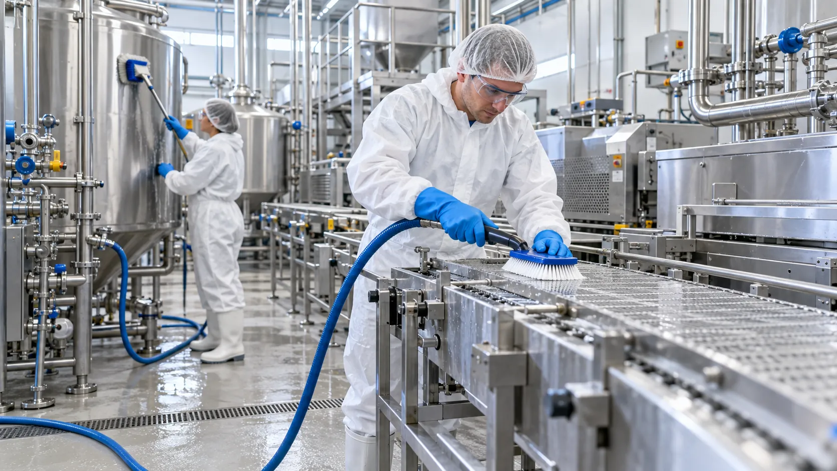 Hygienische Reinigung eines Edelstahl-Förderbands in der Lebensmittelproduktion in Schutzkleidung
