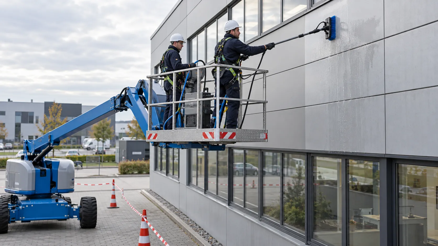 Fassadenreinigung von einer Hubarbeitsbühne aus mit Bürste an einer Metallfassade, Arbeitsbereich abgesperrt