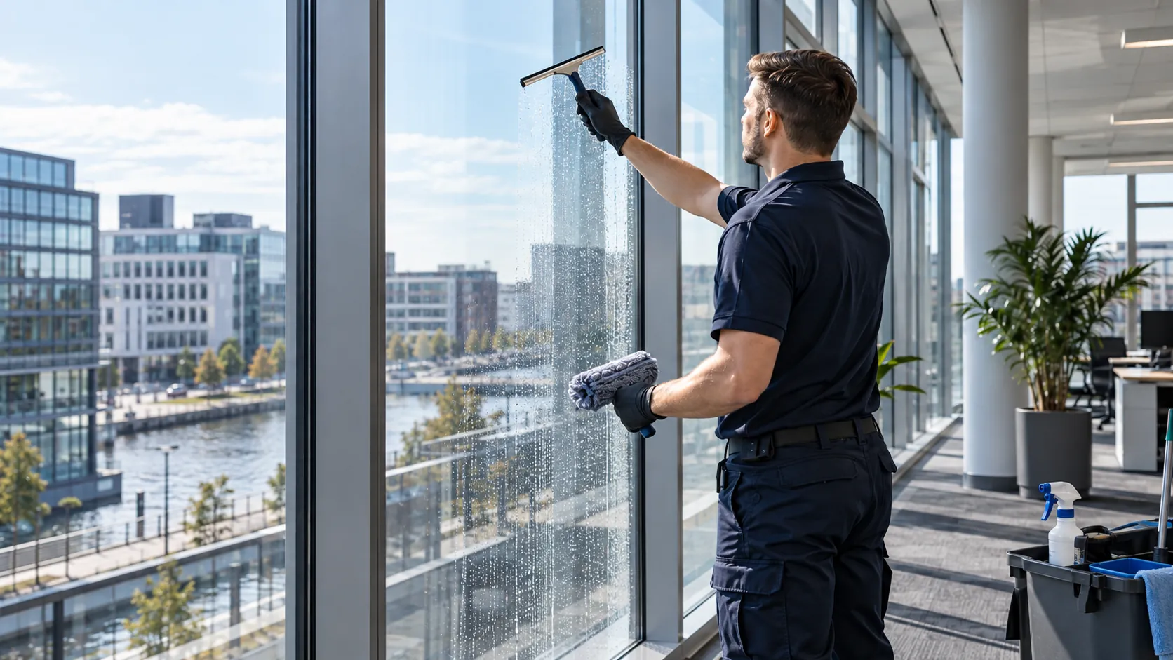 Professionelle Reinigung großer Glasflächen mit Einwascher und Abzieher in einem Bürogebäude