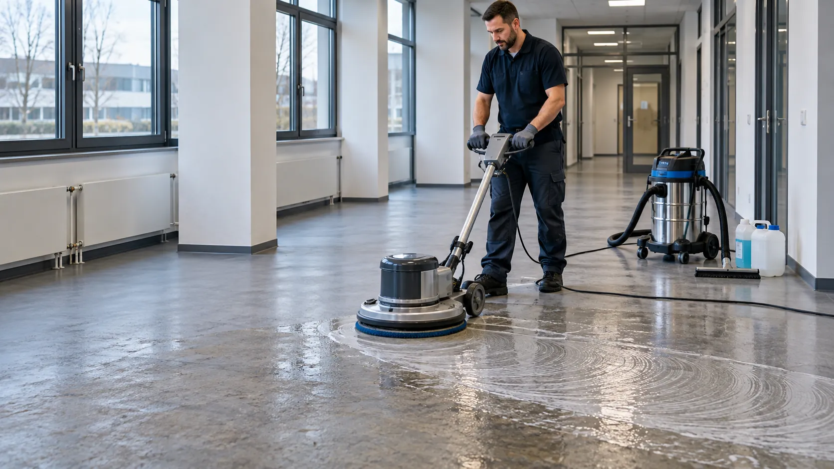Maschinelle Grundreinigung eines gewerblichen Bodenbelags mit Einscheibenmaschine und Nasssauger