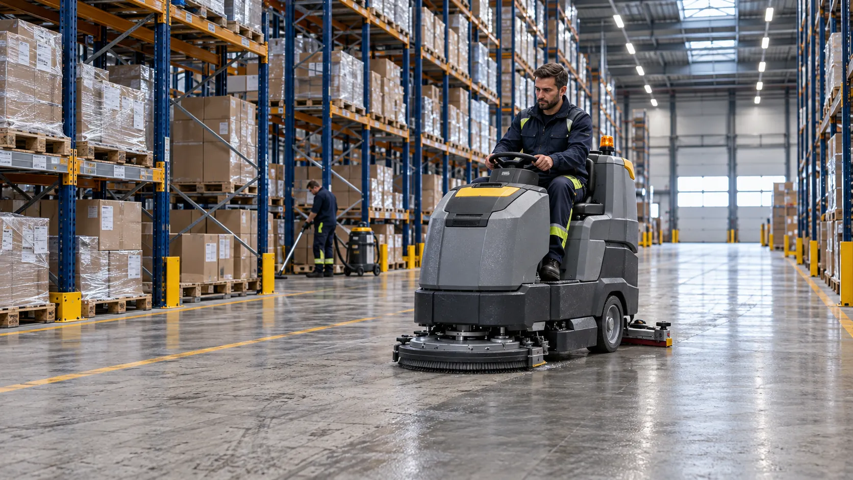 Aufsitz-Scheuersaugmaschine reinigt den Hallenboden zwischen Hochregalen eines Lagers