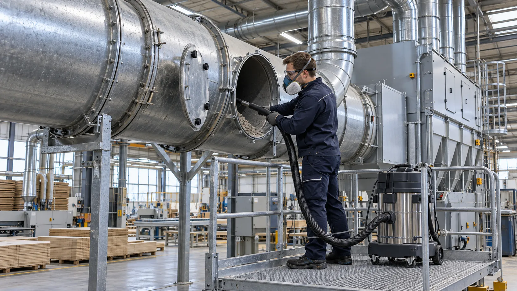 Absaugen von Ablagerungen aus einer geöffneten Absaugleitung mit Industriesauger und Atemschutz