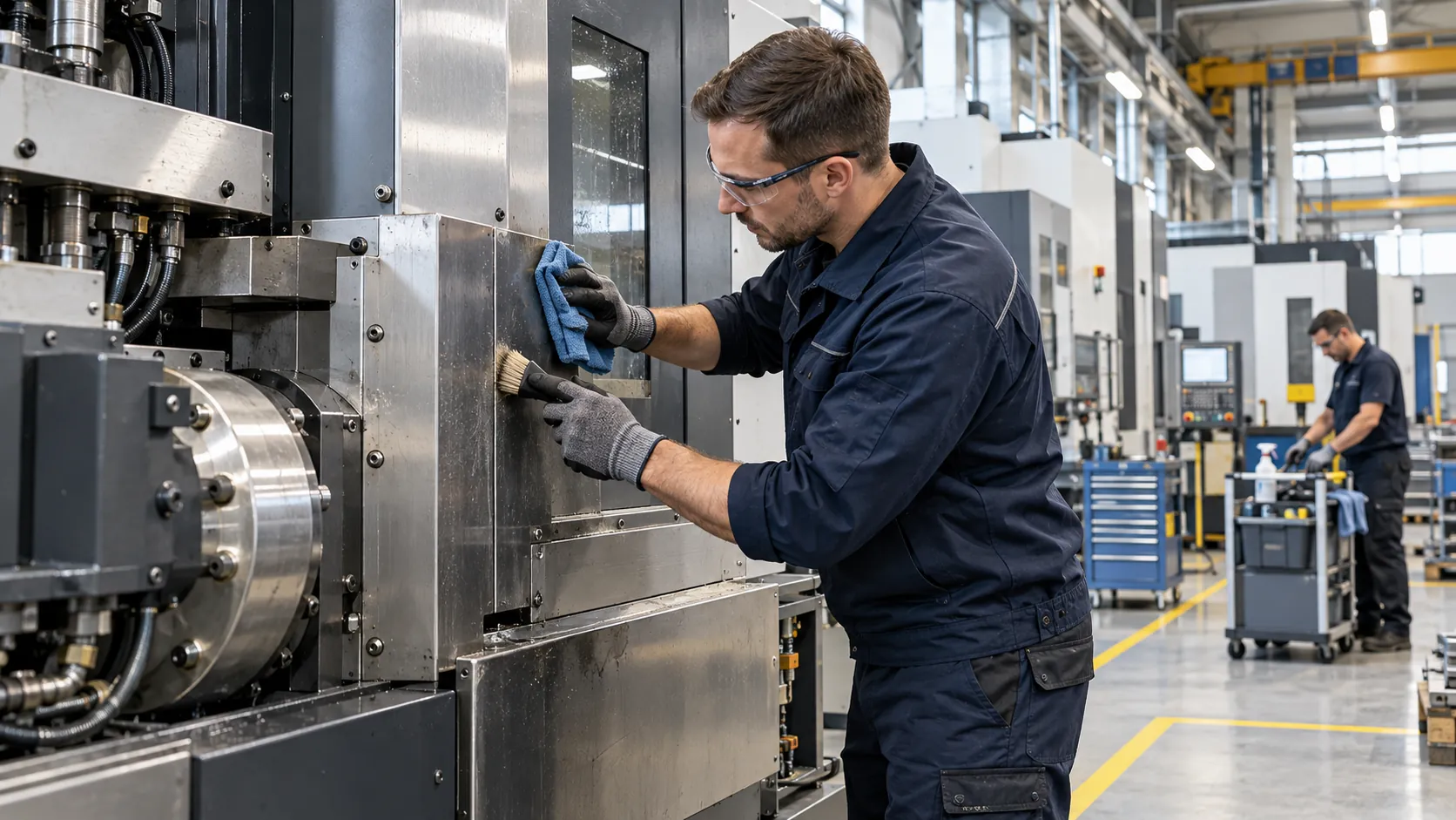 Reinigung der Edelstahlverkleidung einer CNC-Maschine mit Pinsel und Tuch in einer Fertigungshalle