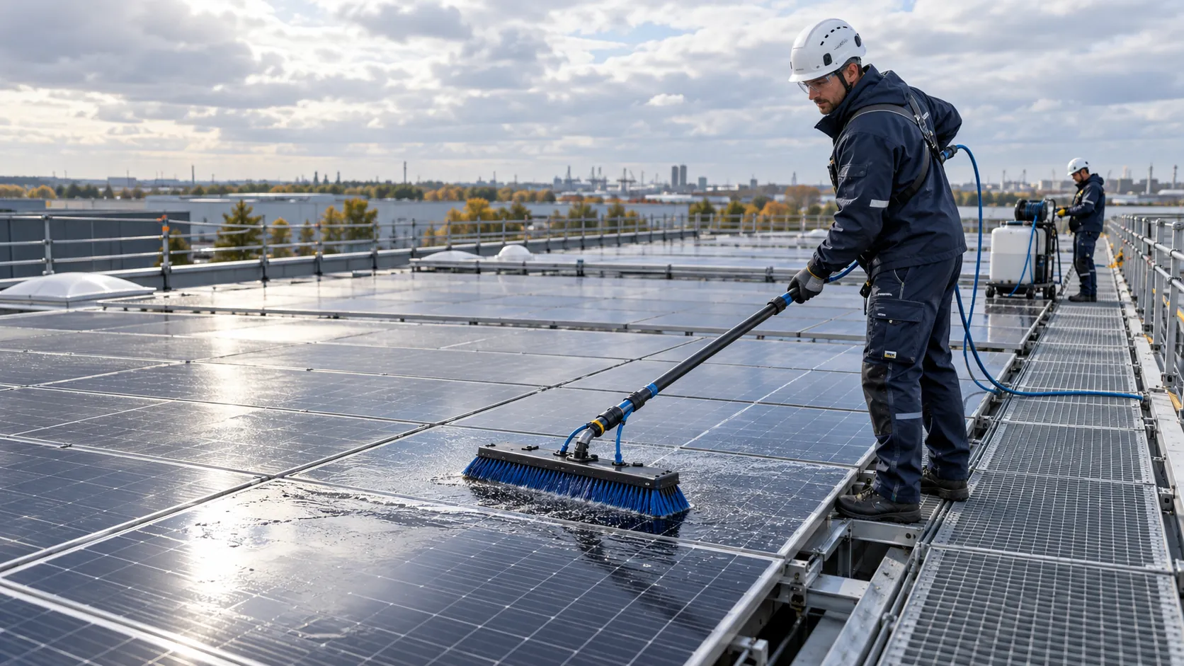 Reinigung von Photovoltaikmodulen auf einem Flachdach mit wasserführender Bürste und Teleskopstange