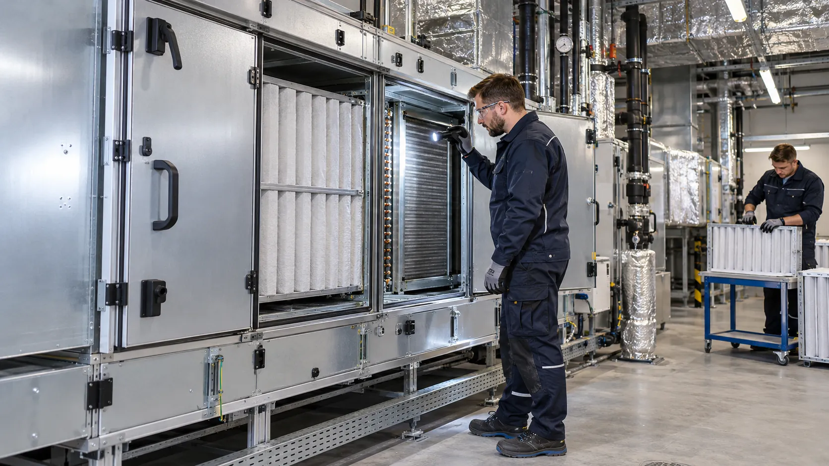 Hygieneinspektion eines geöffneten RLT-Geräts mit Filterkammer und Wärmeübertrager